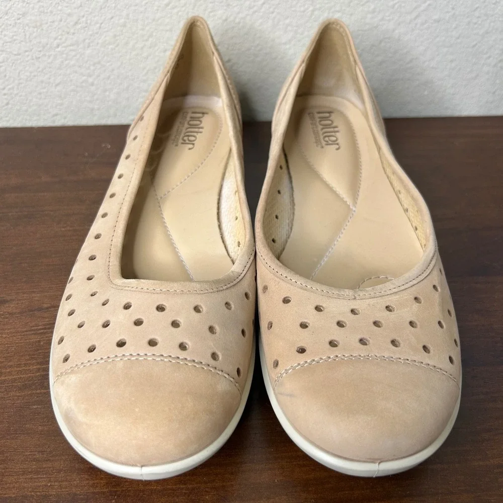 Hotter Flats US 9 EU 41 Livvy Tan Suede Perforated Comfort‎ Ballet